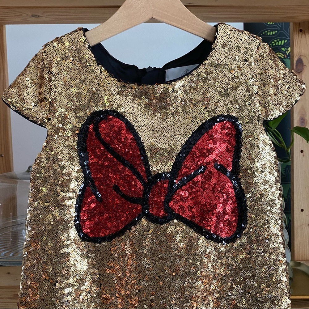 Disney Gold Red Sequins Minnie Mouse Bow Short Sleeve Sparkly Dress - Picture 6 of 10